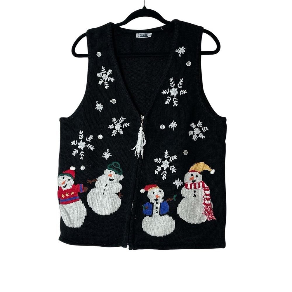 Vintage Capacity Christmas Vest Women Black Large Full Zip Sweater Top Snowman